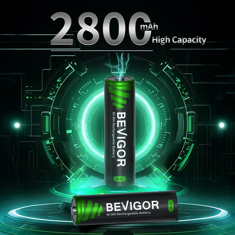 BEVIGOR Rechargeable AA Batteries with Charger, 10 Pack 2800mAh High Capacity Ni-MH Double A Batteries with Smart 8 Bay Smart Battery Charger, USB Fast Charging - Image 2